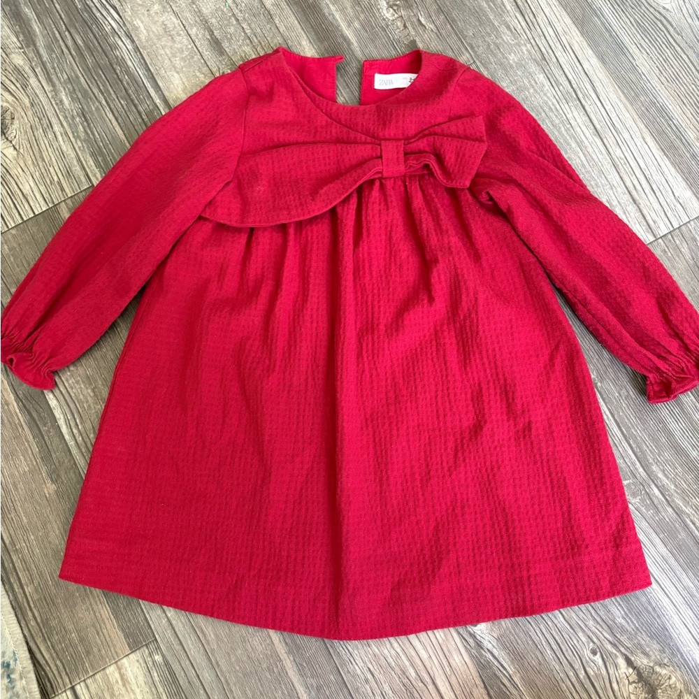 Zara Red Bow-Front Long Sleeve Girls Dress